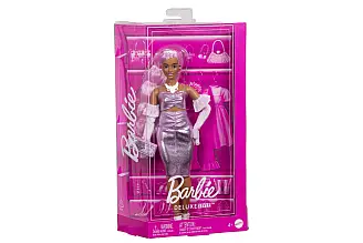 Barbie deluxe modelka - metalické šaty HYV25 TV